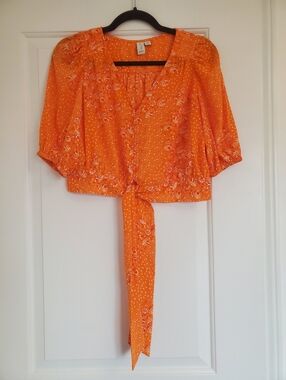 Joie Cropped Puff Sleeve Tie Front Button Up Floral Vibrant Orange Blouse